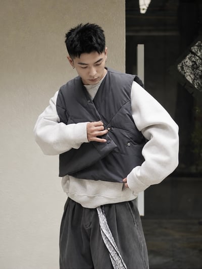 日系V領不規則解構羽絨馬甲男保暖白鴨絨坎肩休閒背心2