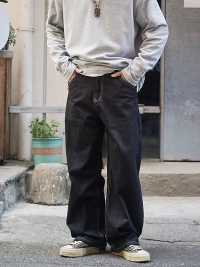 日系休閒寬鬆男美式復古原色闊腿牛仔褲3