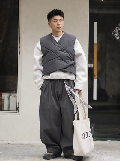 日系V領不規則解構羽絨馬甲男保暖白鴨絨坎肩休閒背心6