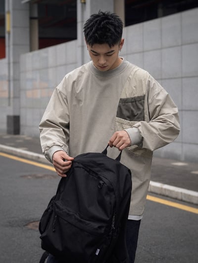 户外機能速乾口袋圓領復古日系Cityboy休閒男寬鬆長袖2