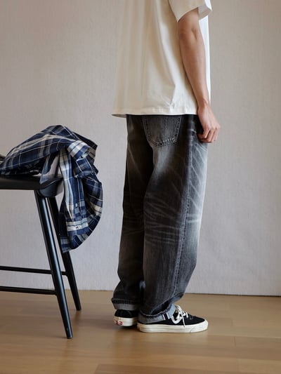 日系紅邊赤耳重磅水洗復古寬松潮牌休閒錐形牛仔褲6