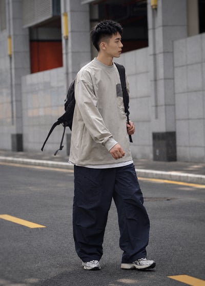 户外機能速乾口袋圓領復古日系Cityboy休閒男寬鬆長袖6