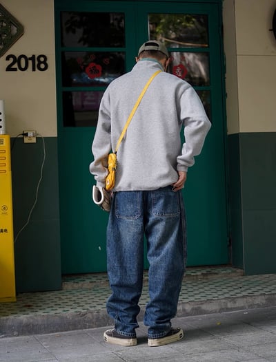日系復古水洗做舊牛仔褲寬鬆潮流休閒長褲錐形拼接伐木褲4