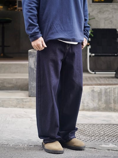 日系休閒寬鬆男美式復古原色闊腿牛仔褲9