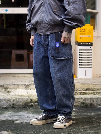 日系附腰帶復古重磅水洗做舊立體口袋工裝直筒褲牛仔褲10