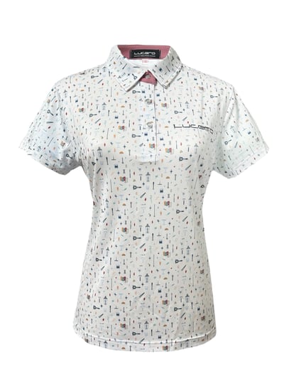 情侶款｜俏皮實驗室圖騰印花白底-POLO衫短袖上衣-乾燥玫瑰粉（女）1