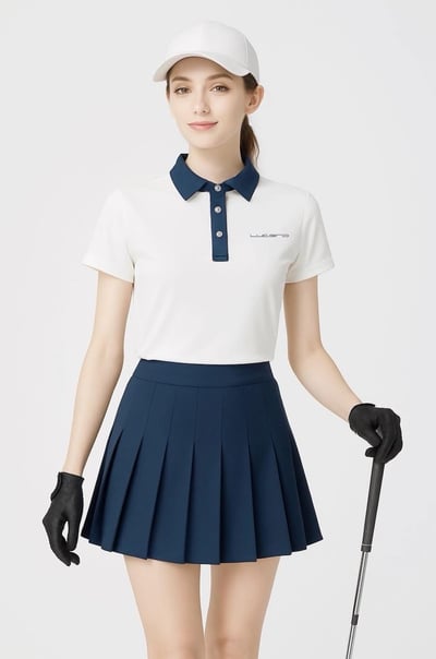 情侶款｜白底藍領 繡花LOGO-POLO衫短袖上衣-白（女）2