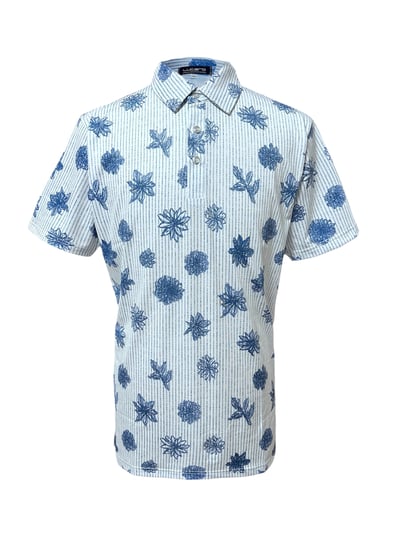 情侶款｜螢火蟲系列 直條紋手繪藍花 短袖POLO衫-男1