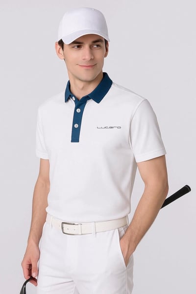 白底藍領繡花LOGO-POLO衫短袖上衣-白（男）8