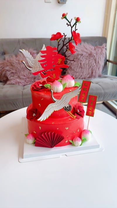 K069大紅壽桃祝壽雙層蛋糕1