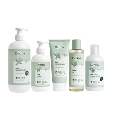 【Derma丹麥德瑪】寶寶洗護全方位組-沐浴露500ml+護膚霜250ml+乾洗屁屁防護乳+按摩沐浴油+萬用膏2