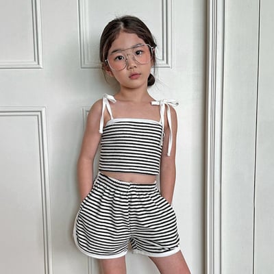 簡約條紋肩帶綁帶 可愛夏季套裝1