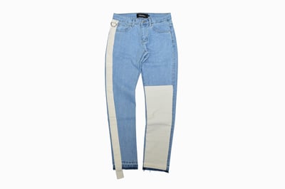SPLICING JEANS 配布跑邊牛仔褲(藍)1