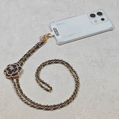 AKIBO皮革花漾包包手機掛繩-經典黑(女款、金屬) / 內附AKIBO品牌手機掛片1個4