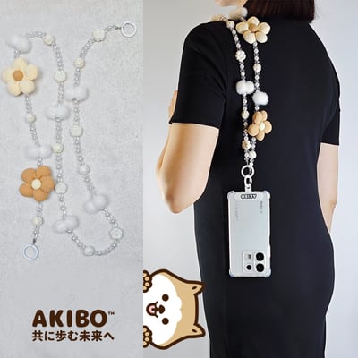 AKIBO珠光雪羽包包手機掛繩-牛奶白(女款、水晶) / 內附AKIBO品牌手機掛片1個1
