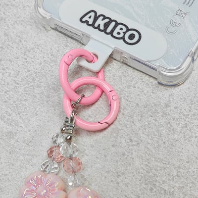 AKIBO珠光雪羽包包手機掛繩-櫻花粉(女款、水晶) / 內附AKIBO品牌手機掛片1個5