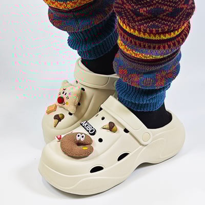 【買1送1】AKIBO波浪厚底洞洞鞋-奶油白(女款、6公分厚底增高、輕量、兩穿、防水) / 內附AKIBO品牌鞋扣1個。現在買再送鞋扣組(不挑款)11