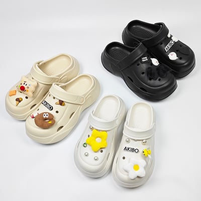 【買1送1】AKIBO波浪厚底洞洞鞋-經典黑(女款、6公分厚底增高、輕量、兩穿、防水)  / 內附AKIBO品牌鞋扣1個。現在買再送鞋扣組(不挑款)18