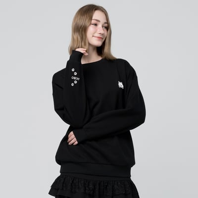 AKIBO日系落肩立體繡大學T-經典黑(男女共款)1