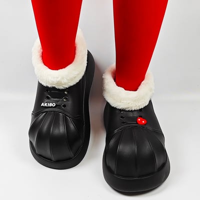 【買1送1】AKIBO毛毛洞洞短靴-經典黑(女款、4公分厚底增高、雲朵感、輕量、保暖) / 內附AKIBO品牌鞋扣2個。現在買再送鞋扣組(不挑款)9