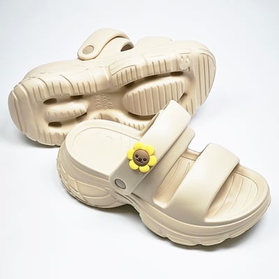 【買1送1】AKIBO澎澎雙帶厚底涼鞋-奶油白(女款、5公分厚底增高、雲朵感、輕量、兩穿、防水) / 內附AKIBO品牌鞋扣1個。現在買再送鞋扣組(不挑款)7