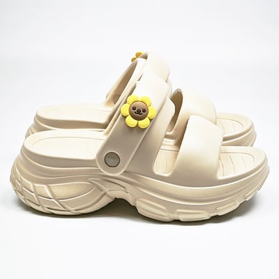 【買1送1】AKIBO澎澎雙帶厚底涼鞋-奶油白(女款、5公分厚底增高、雲朵感、輕量、兩穿、防水) / 內附AKIBO品牌鞋扣1個。現在買再送鞋扣組(不挑款)6