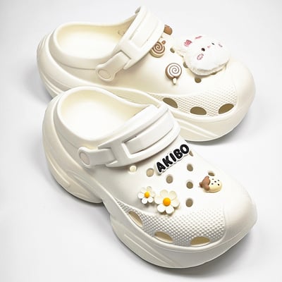 【買1送1】AKIBO搖滾老爹洞洞鞋-牛奶白(女款、6公分厚底增高、輕量、兩穿、防水) / 內附AKIBO品牌鞋扣1個。現在買再送鞋扣組(不挑款)1
