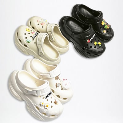 【買1送1】AKIBO搖滾老爹洞洞鞋-經典黑(女款、6公分厚底增高、輕量、兩穿、防水) / 內附AKIBO品牌鞋扣1個。現在買再送鞋扣組(不挑款)20