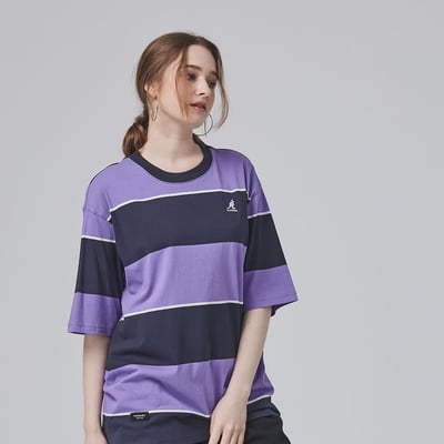 KANGOL寬版落肩條紋短T-紫3
