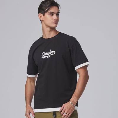 NCAA基本版假兩件印花棉T-黑1