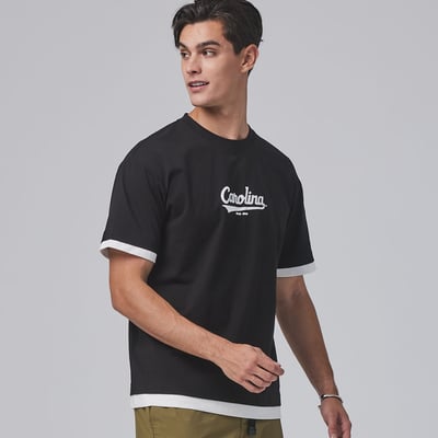 NCAA基本版假兩件印花棉T-黑3