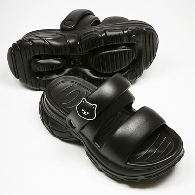 【買1送1】AKIBO澎澎雙帶厚底涼鞋-經典黑(女款、5公分厚底增高、雲朵感、輕量、兩穿、防水) / 內附AKIBO品牌鞋扣1個。現在買再送鞋扣組(不挑款)7