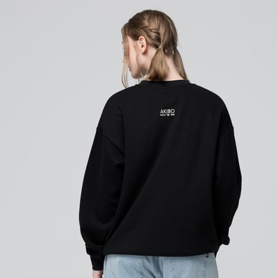 AKIBO日系落肩毛巾繡大學T-經典黑(男女共款)2