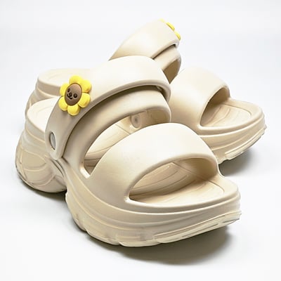 【買1送1】AKIBO澎澎雙帶厚底涼鞋-奶油白(女款、5公分厚底增高、雲朵感、輕量、兩穿、防水) / 內附AKIBO品牌鞋扣1個。現在買再送鞋扣組(不挑款)4