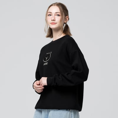 AKIBO日系落肩毛巾繡大學T-經典黑(男女共款)3