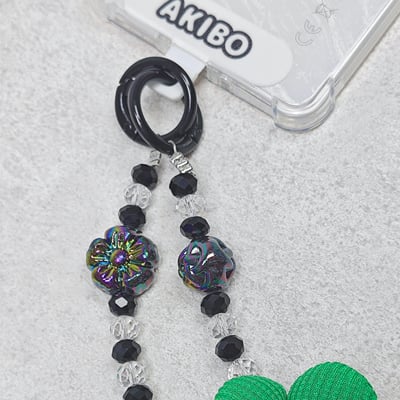 AKIBO珠光雪羽包包手機掛繩-經典黑(女款、水晶) / 內附AKIBO品牌手機掛片1個6