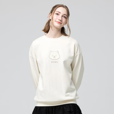 AKIBO日系落肩毛巾繡大學T-奶油白(男女共款)1