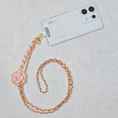 AKIBO皮革花漾包包手機掛繩-櫻花粉(女款、金屬) / 內附AKIBO品牌手機掛片1個4