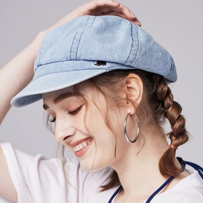 SCANDINAVIAN FOREST北歐小刺蝟水洗刺繡丹寧報童帽-水洗牛仔藍