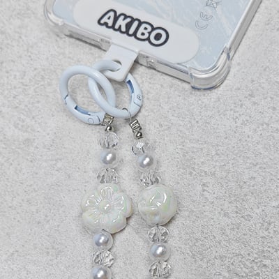 AKIBO珠光雪羽包包手機掛繩-牛奶白(女款、水晶) / 內附AKIBO品牌手機掛片1個6