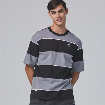 KANGOL寬版落肩條紋短T-灰3