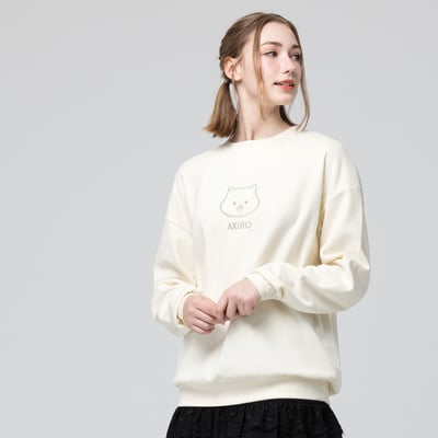 AKIBO日系落肩毛巾繡大學T-奶油白(男女共款)3