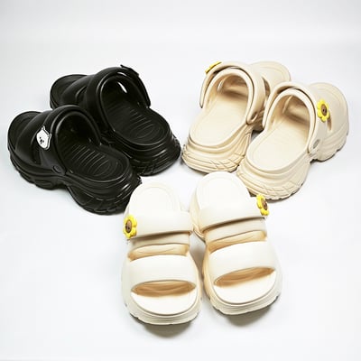 【買1送1】AKIBO澎澎雙帶厚底涼鞋-奶油白(女款、5公分厚底增高、雲朵感、輕量、兩穿、防水) / 內附AKIBO品牌鞋扣1個。現在買再送鞋扣組(不挑款)20