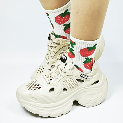 【買1送1】AKIBO輕量透氣老爹鞋-奶油白(女款、6公分厚底增高、一體成型、輕量、耐走、防水) / 內附AKIBO品牌鞋扣1個。現在買再送鞋扣組(不挑款)8