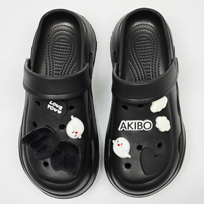 【買1送1】AKIBO波浪厚底洞洞鞋-經典黑(女款、6公分厚底增高、輕量、兩穿、防水)  / 內附AKIBO品牌鞋扣1個。現在買再送鞋扣組(不挑款)2