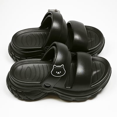 【買1送1】AKIBO澎澎雙帶厚底涼鞋-經典黑(女款、5公分厚底增高、雲朵感、輕量、兩穿、防水) / 內附AKIBO品牌鞋扣1個。現在買再送鞋扣組(不挑款)6