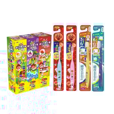 【日本獅王 LION】兒童牙膏45g×3條（草莓/葡萄/橘子）+ 3-6歲兒童麵包超人牙刷（顏色隨機）1
