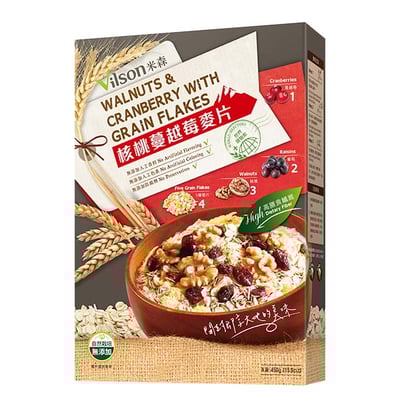 【米森 vilson】水果麥片系列 核桃蔓越莓麥片 450g 香脆核桃 酸甜蔓越莓 黑葡萄乾 果乾堅果 即沖即食 高纖營養1