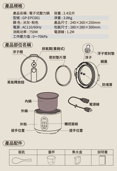 【G-PLUS】微電腦多功能壓力鍋 2.4L GP-EPC0019