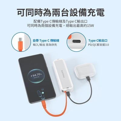 【PHILIPS飛利浦】FunCube BAR 22.5W AC自帶Type-C線行動電源 DLP5201C 4900mAh 3色可選  ( 標示Wh瓦時+BSMI+NCC認證)4
